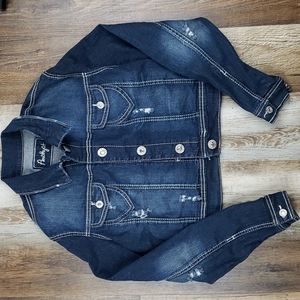 Amethyst Cropped Dark Wash Distressed Jean Jacket